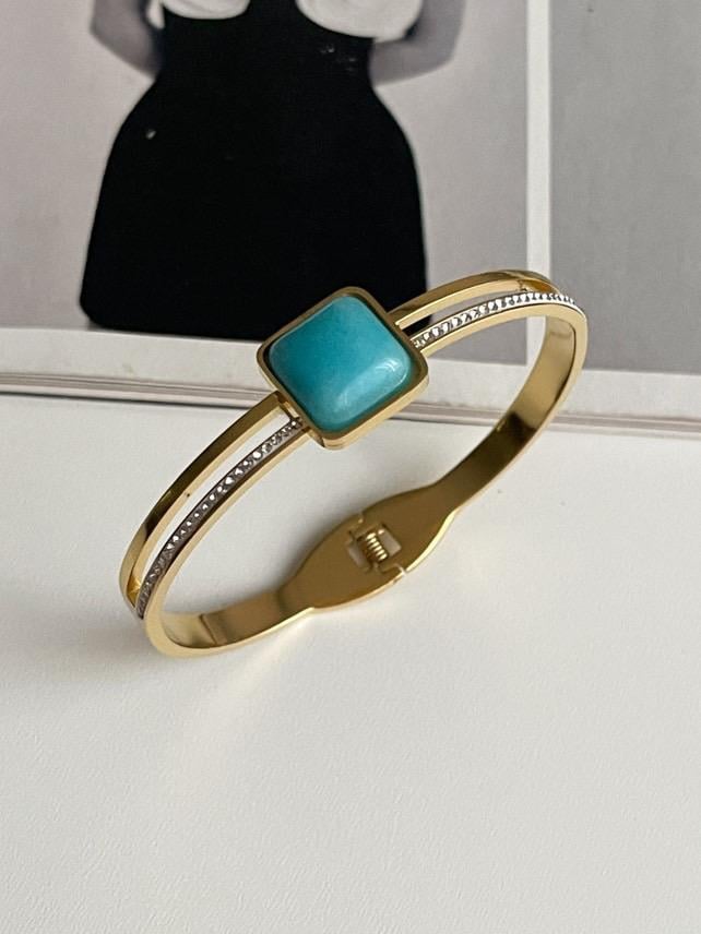 Çelik Gold Mavi Firuze Taşlı Kelepçe Bileklik 