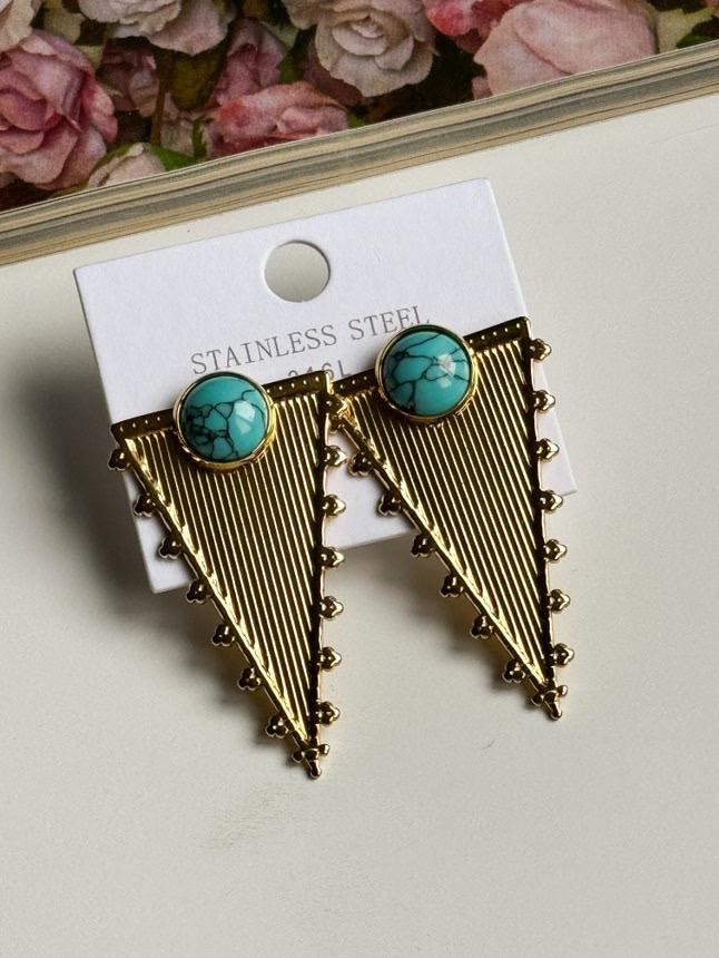 Çelik Gold Mavi Firuze Taşlı Üçgen Küpe (4.5 Cm)