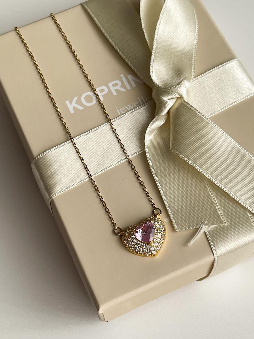 Çelik Gold Pembe Baget Taşlı Kalp Hera Kolye (46 Cm)