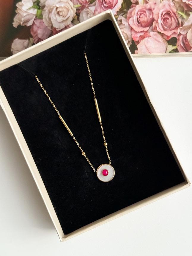 Çelik Gold Pembe Taşlı Sedefli Minimal Kolye (51 Cm)