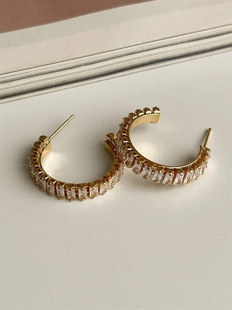 Çelik Gold Renk Baget Taşlı Lena Halka Küpe (2.40 Cm)