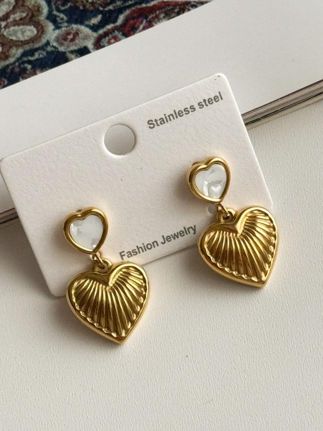 Çelik Gold Renk Beyaz Sedefli Kalp Küpe (2.5 Cm)