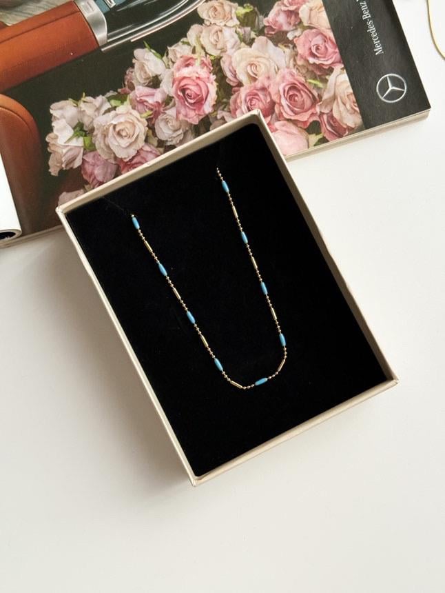 Çelik Gold Renk Mavi Boncuklu Minimal Kolye (46 Cm)