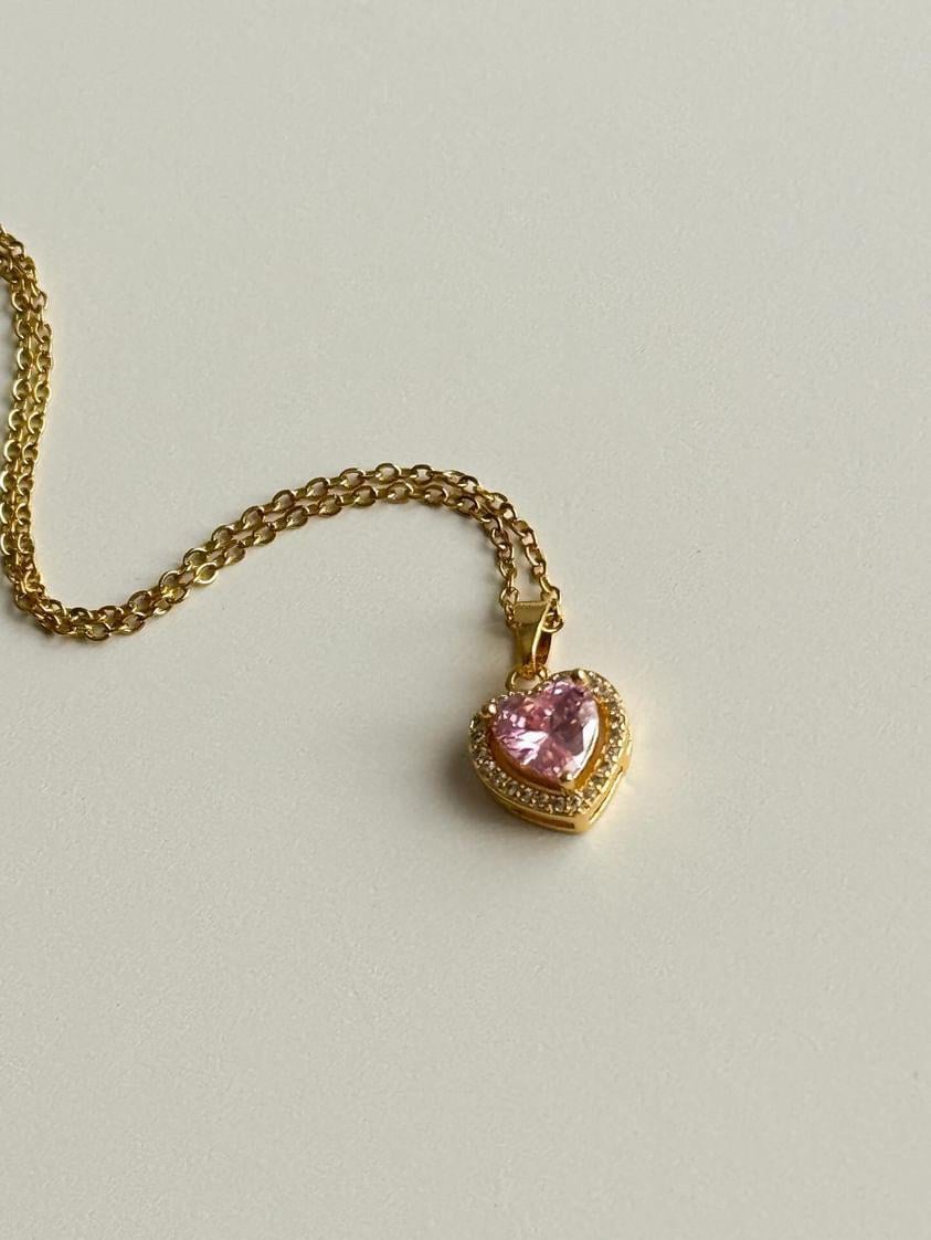 Çelik Gold Renk Pembe Baget Taşlı Prenses Hera Kolye (45 Cm)