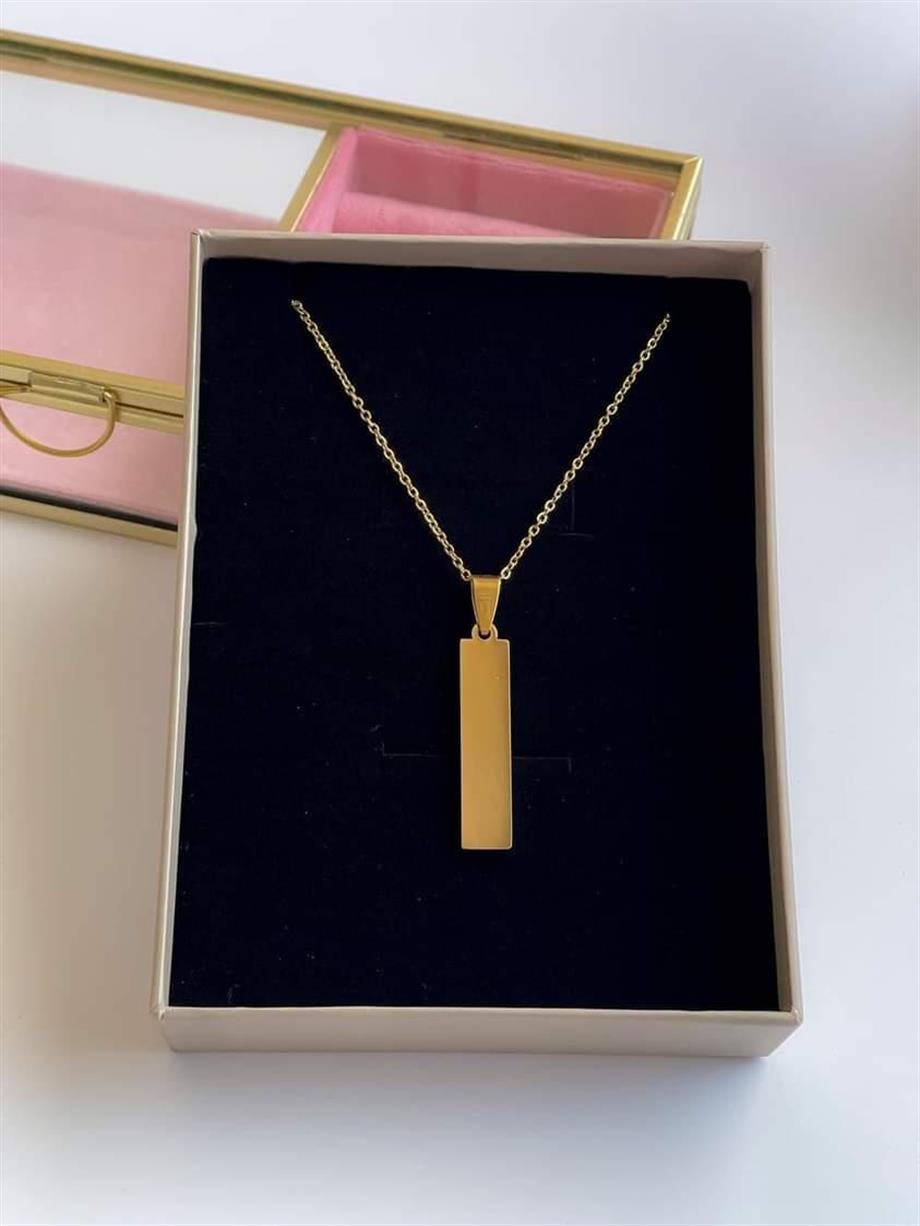 Çelik Gold Renk Plaka İsim Yazdırılabilir Uzun Kolye (60 Cm)