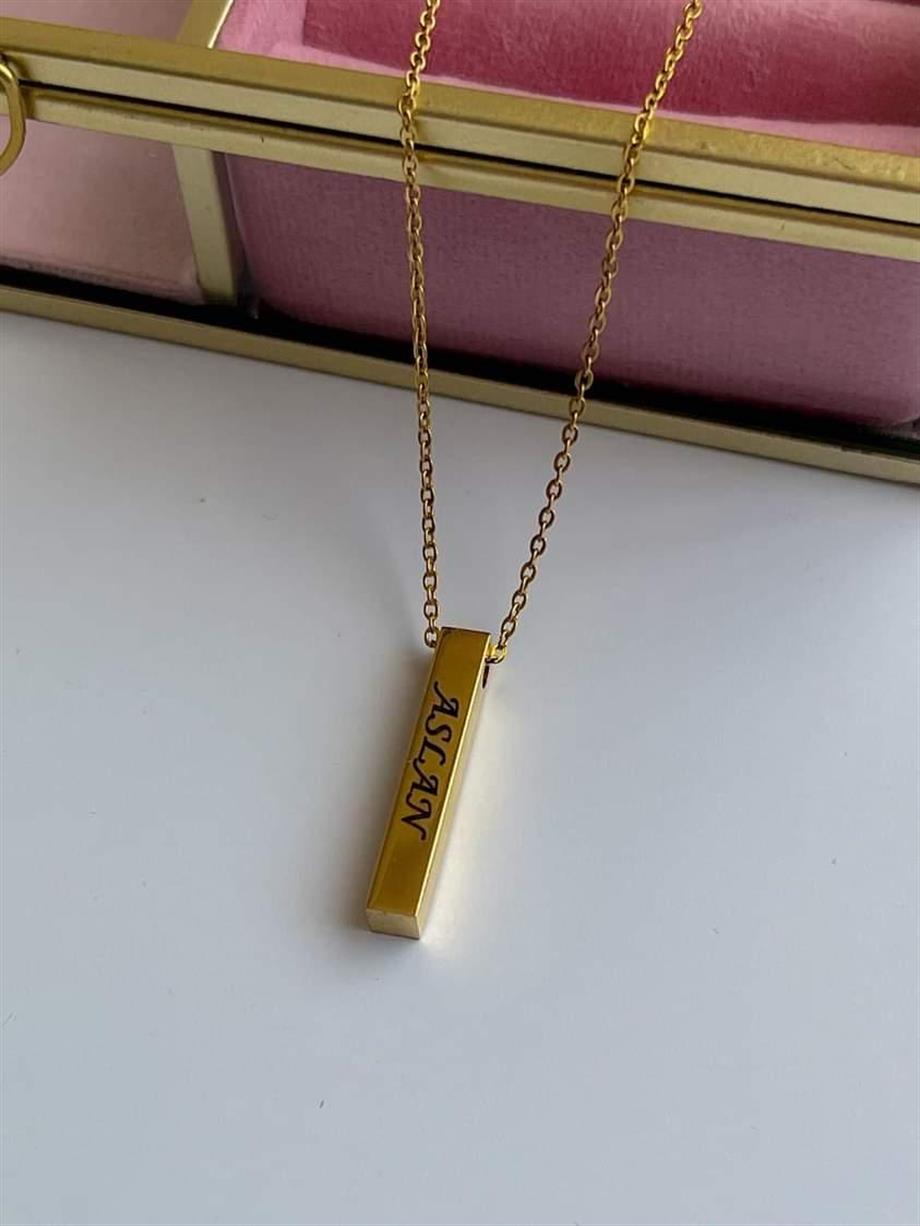 Çelik Gold Renk Plaka İsim Yazdırılabilir Uzun Kolye (60 Cm)