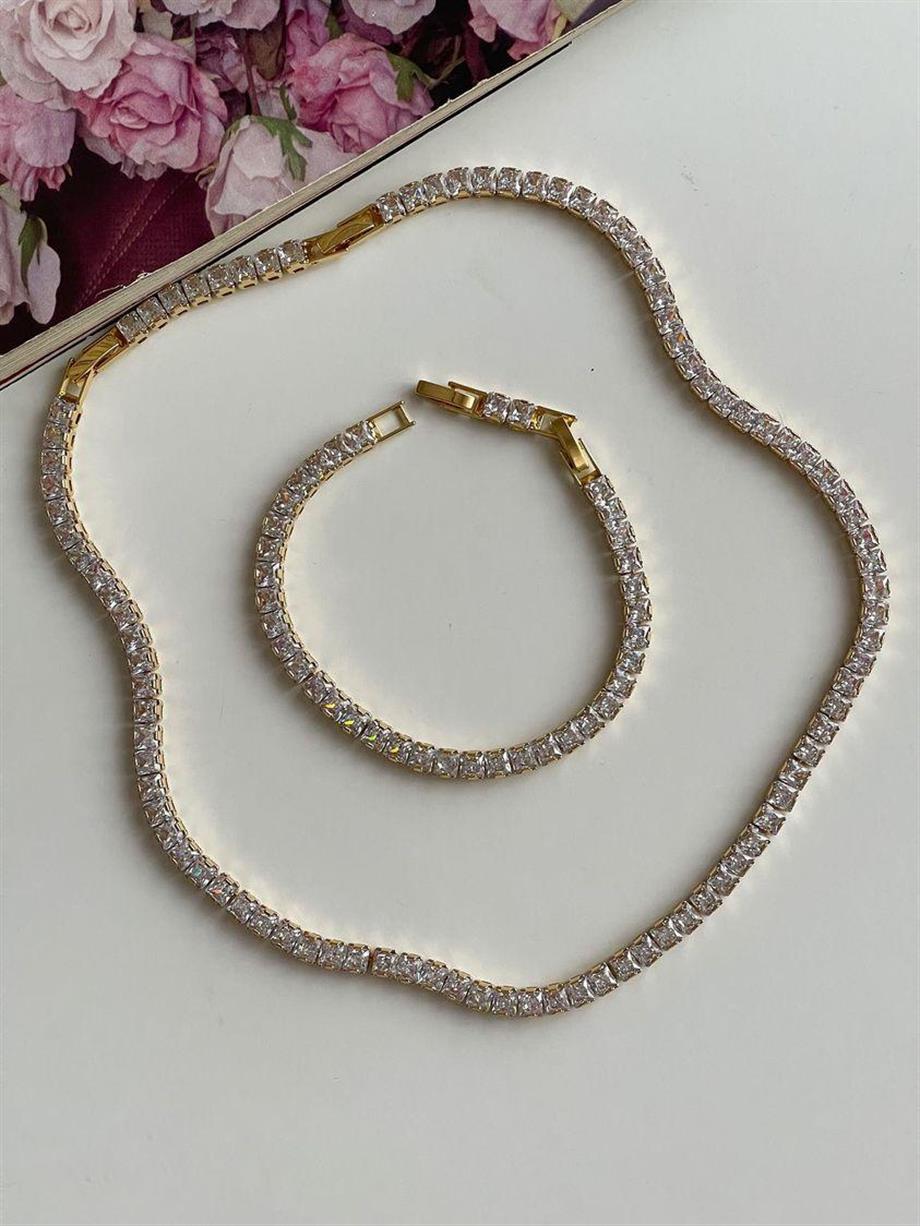 Çelik Gold Renk Su Yolu Kare Taşlı Kolye (46  Cm)