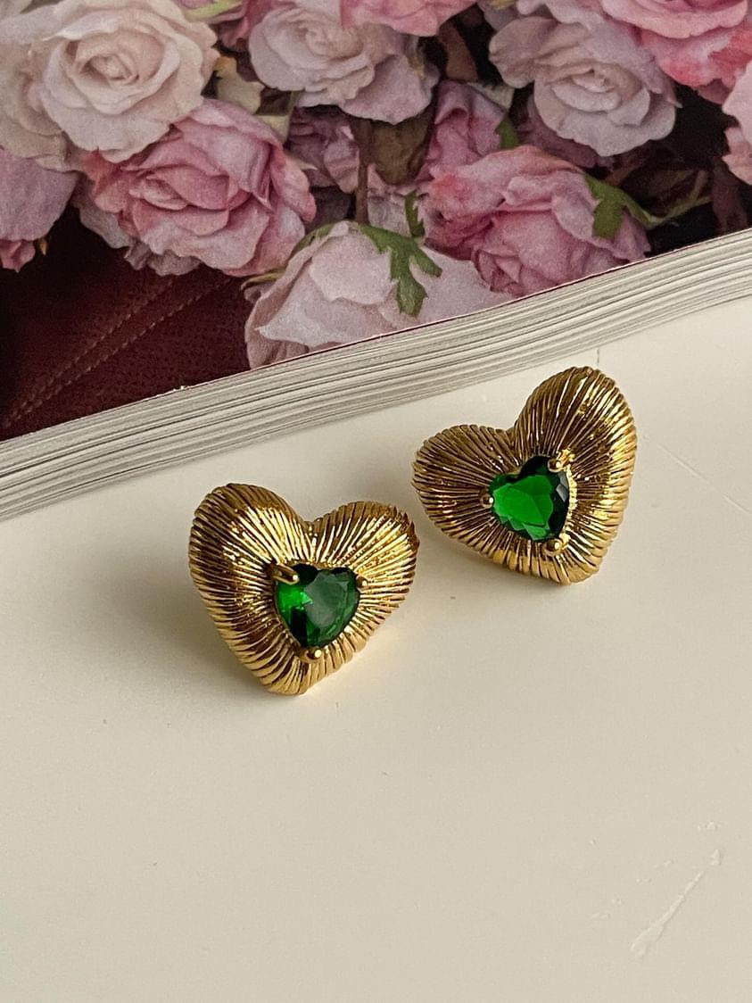 Çelik Gold Renk Yeşil Baget Kap Vintage Küpe (1.80 Cm)