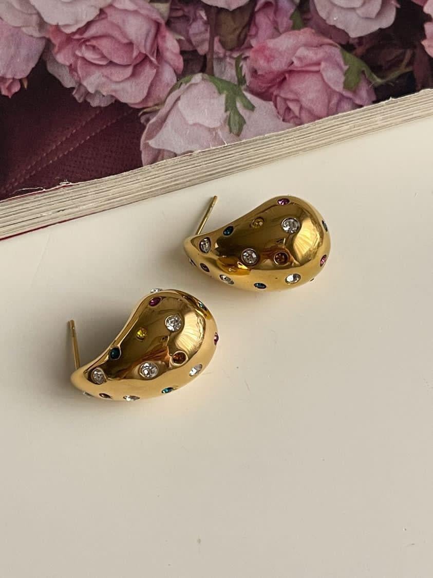 Çelik Gold Renkli Zirkon Taşlı Bottega Damla Küpe (2.30 Cm)