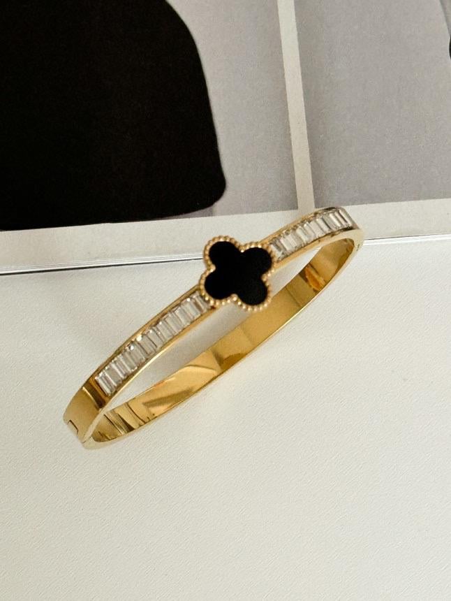 Çelik Gold Siyah Taşlı One Cleef Kelepçe Bileklik 