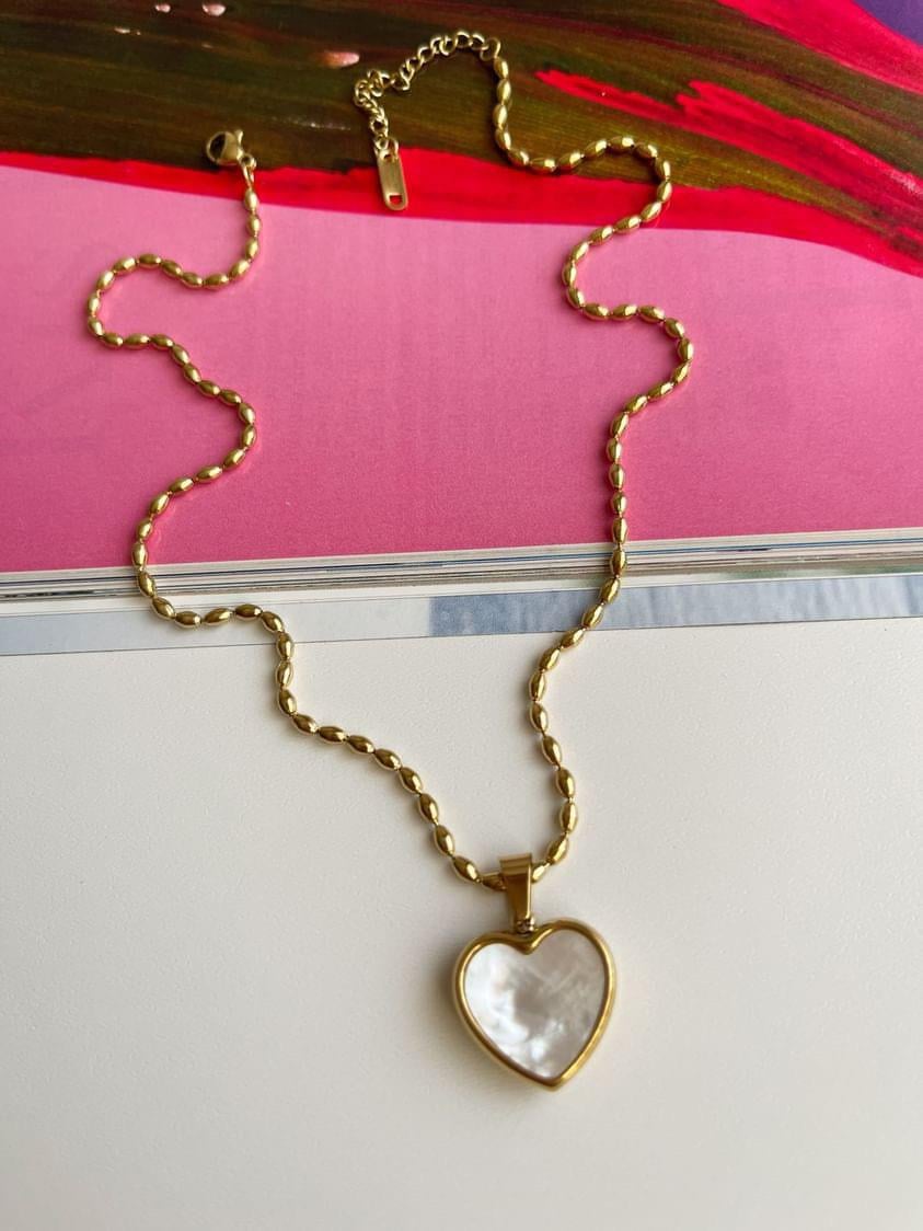 Çelik Gold Topçuklu Beyaz Sedefli Kalp Kolye (47 Cm)