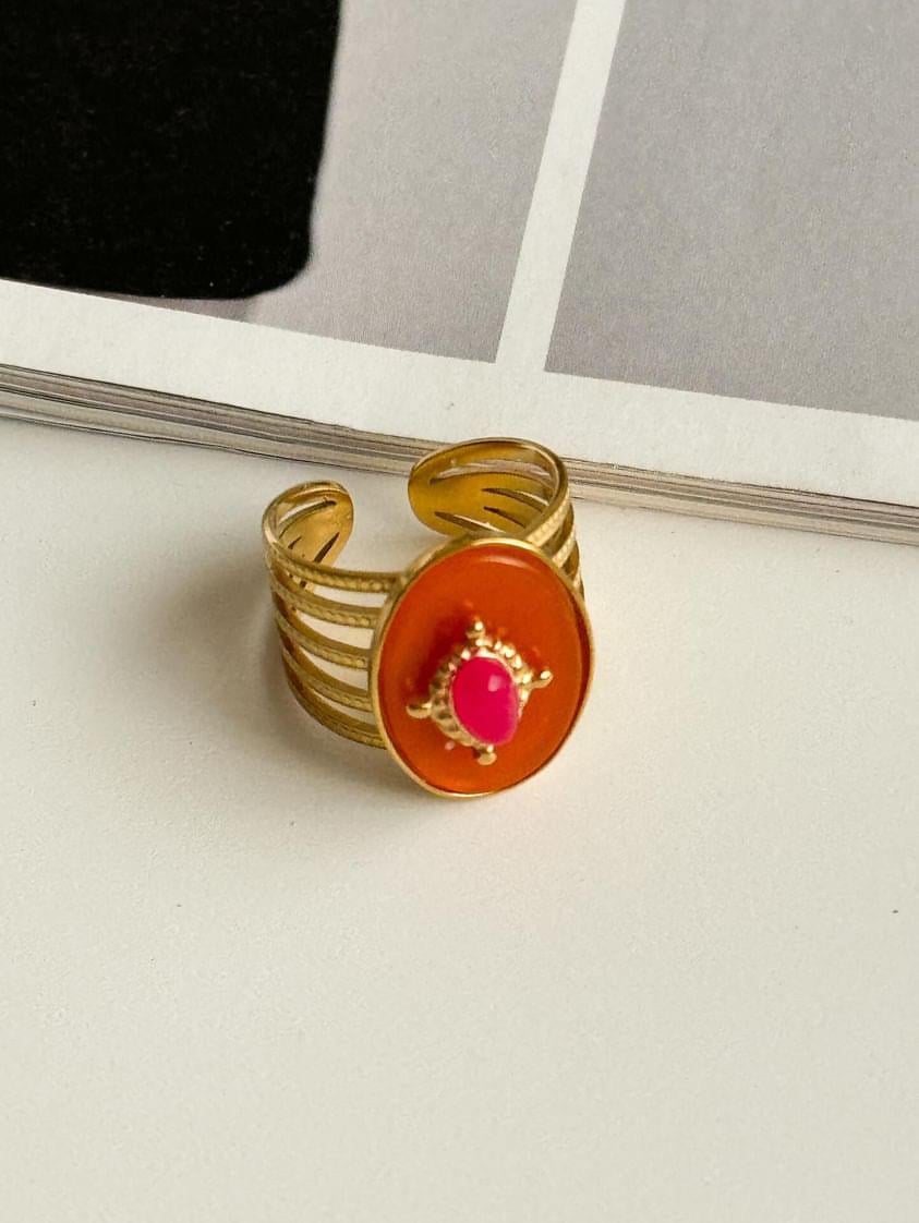 Çelik Gold Turuncu Fuşya Kombinli Alttan Ayarlanabilir Yüzük 