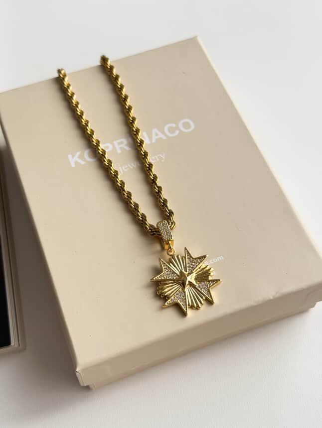 Çelik Gold Uzun Plaka Burgu Halat Kolye (67 Cm)