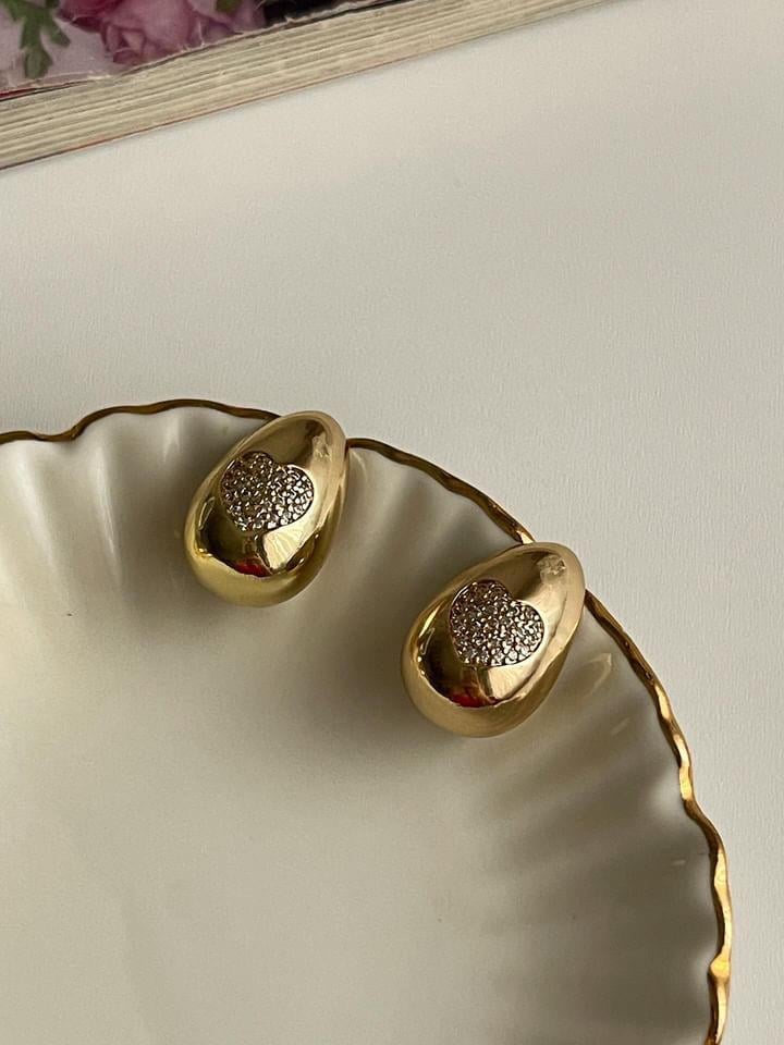 Çelik Gold Zirkon Taşlı Botega Damla Kalpli Küpe (2 Cm)