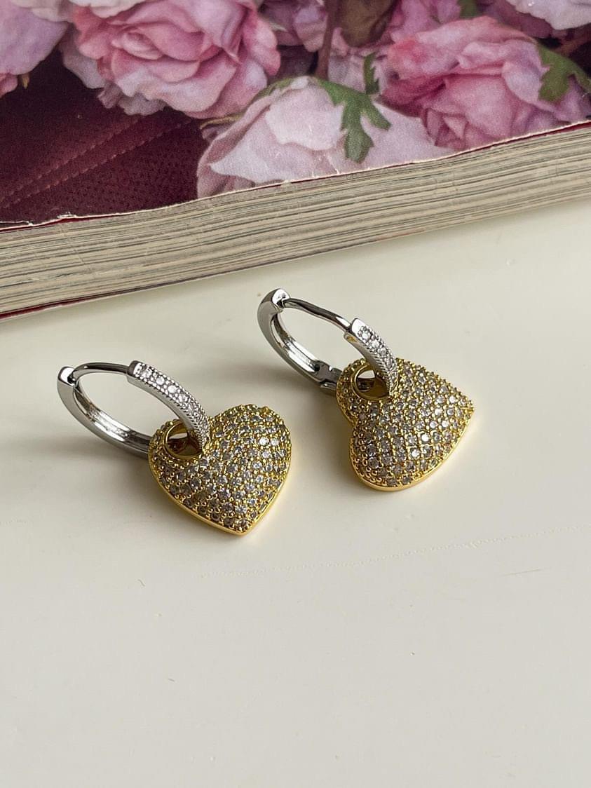 Çelik Gold Zirkon Taşlı Kalp Küpe (2.5 Cm)