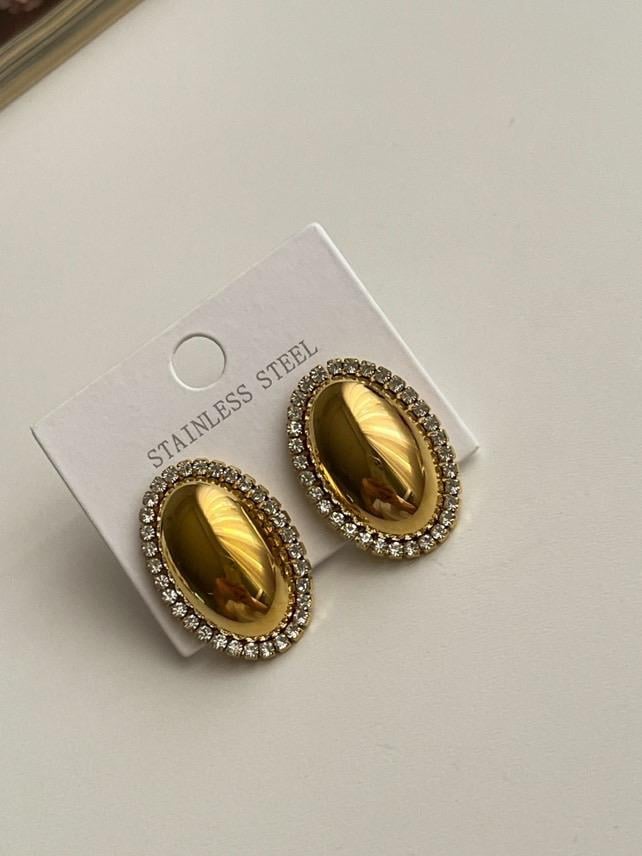 Çelik Gold Zirkon Taşlı Oval Küpe (2.90 Cm)