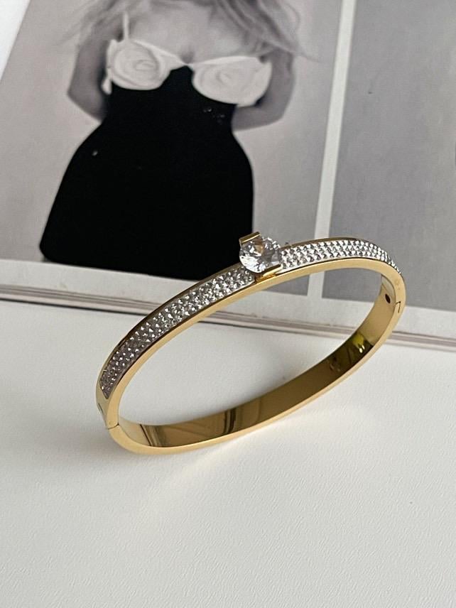 Çelik Gold Zirkon Taşlı Tek Taşlı Kelepçe Bileklik 