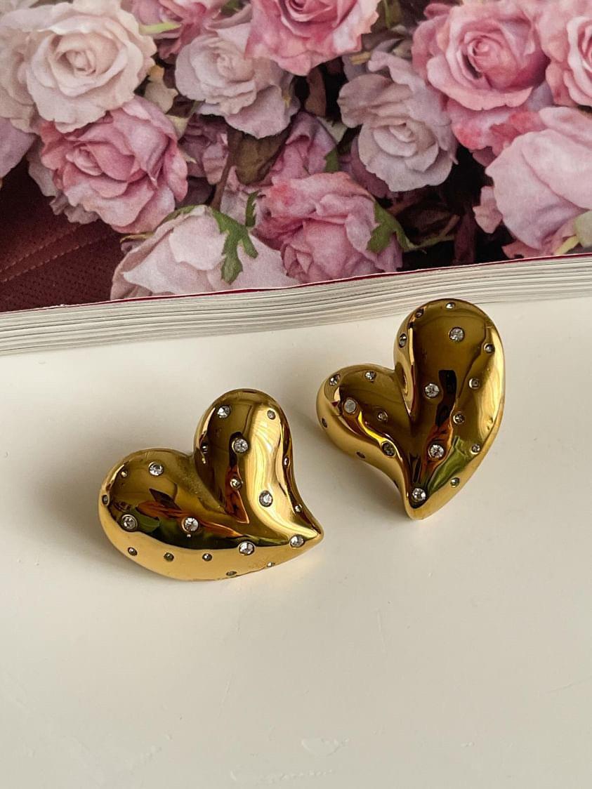 Çelik Gold Zirkon Taşlı Vintage Kalp Küpe (2.80 Cm)