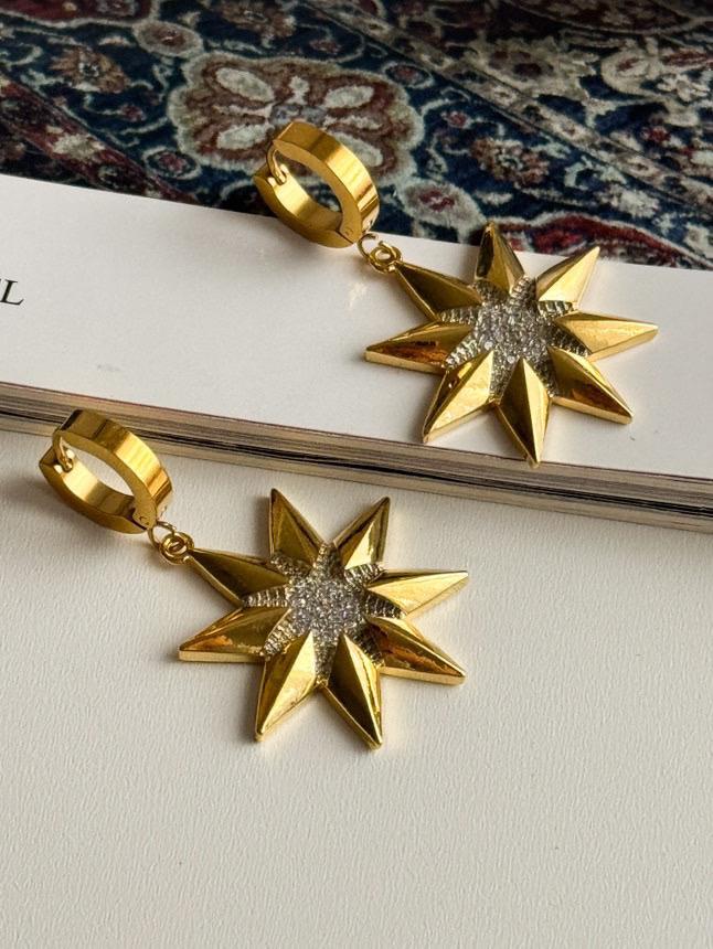 Çelik Gold Zirkon Taşlı Yıldız Küpe (4 Cm)