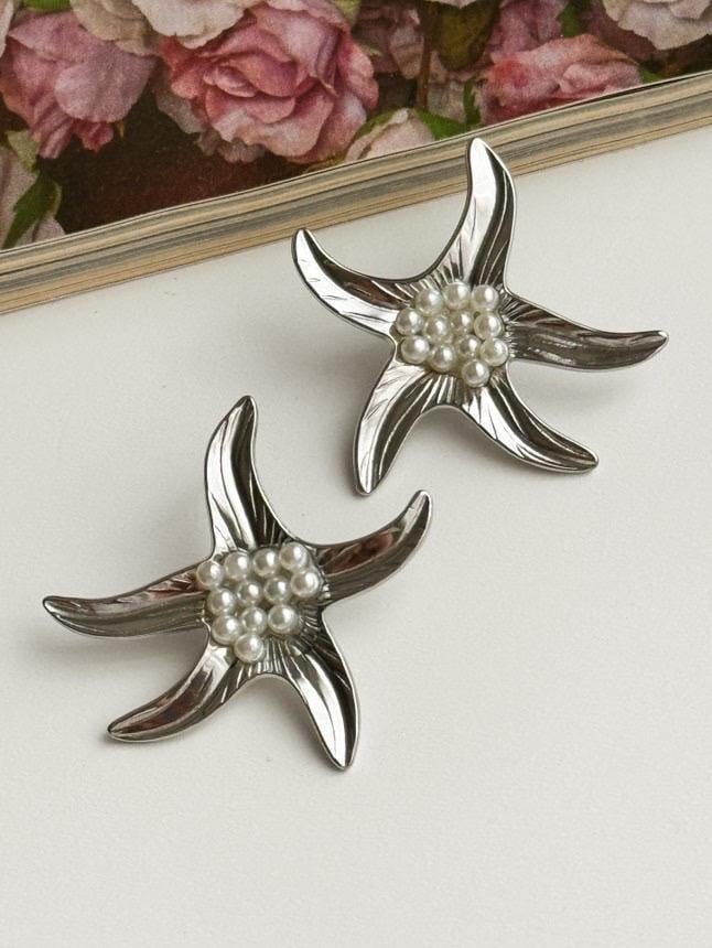 Çelik Gümüş Renk İncili Yıldız Küpe (3.5 Cm)