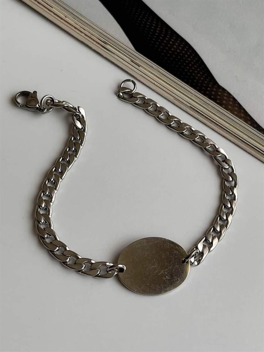 Çelik Gümüş Renk İsim Yazılabilen Künye Bileklik (21 Cm)