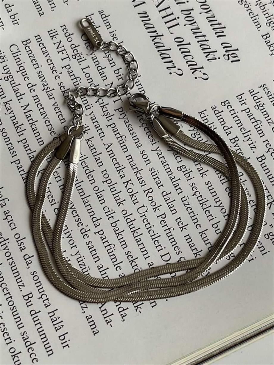 Çelik Gümüş Renk İtalyan Zincir Üçlü Birleşik Kombin Bileklik (21 Cm)