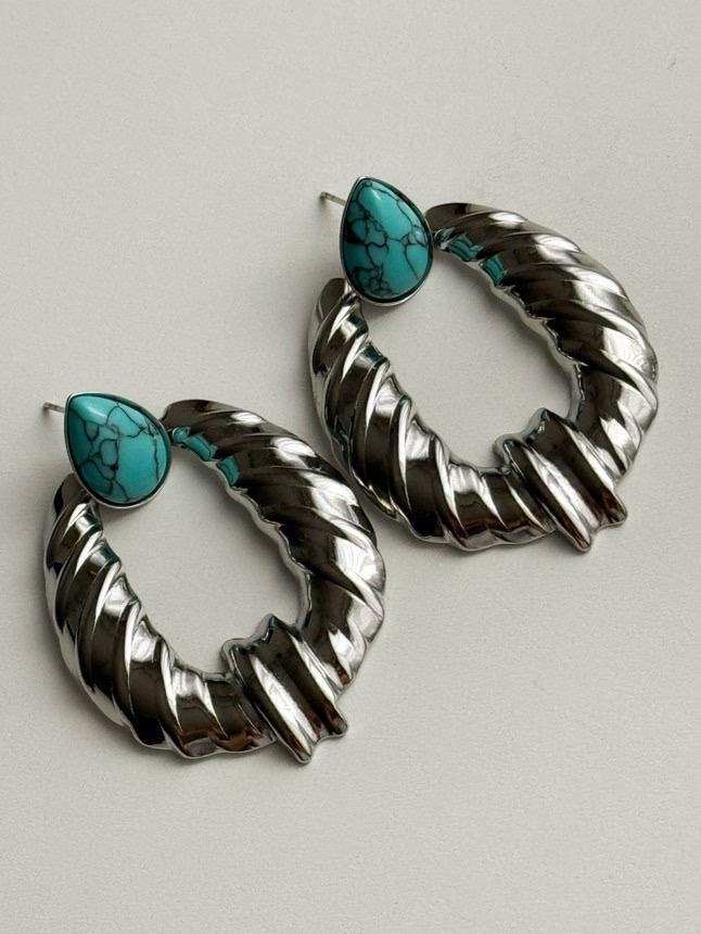 Çelik Gümüş Renk Mavi Firuze Taşlı Vintage Küpe (5 Cm)
