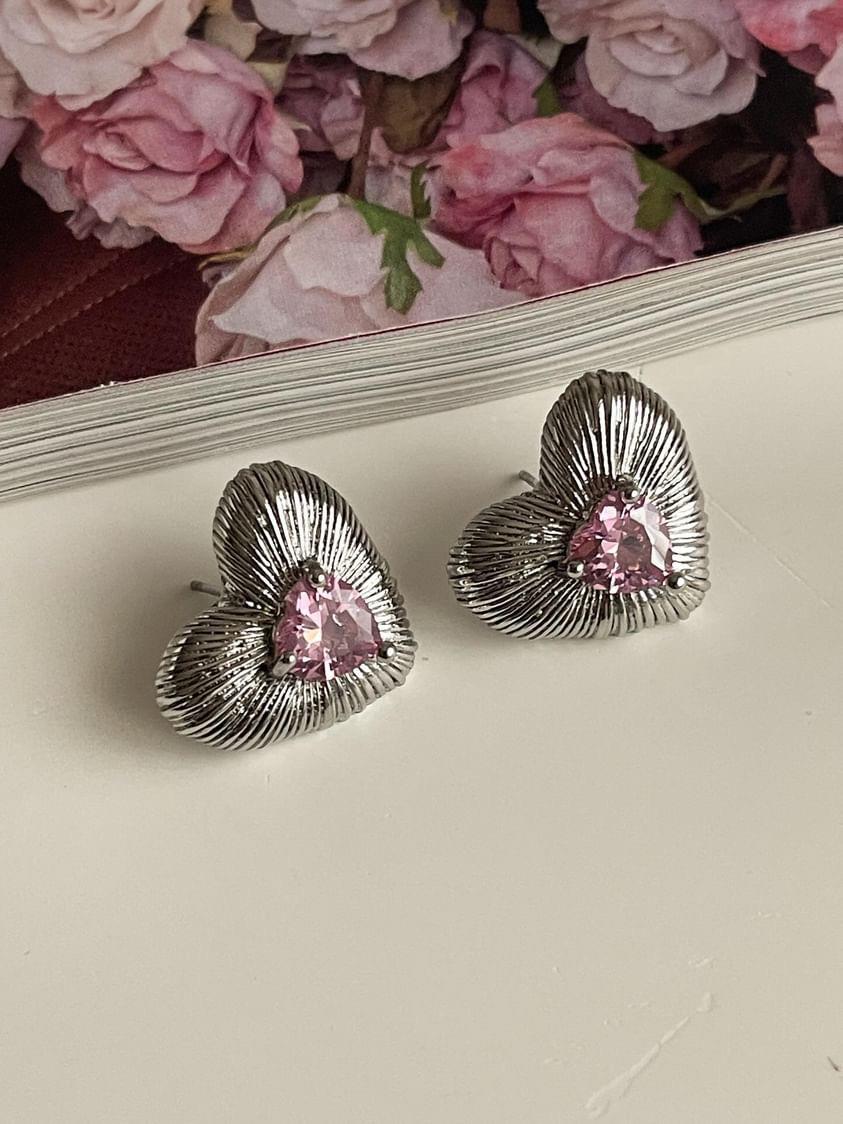 Çelik Gümüş Renk Pembe Baget Kalp Vintage Küpe (1.80 Cm)