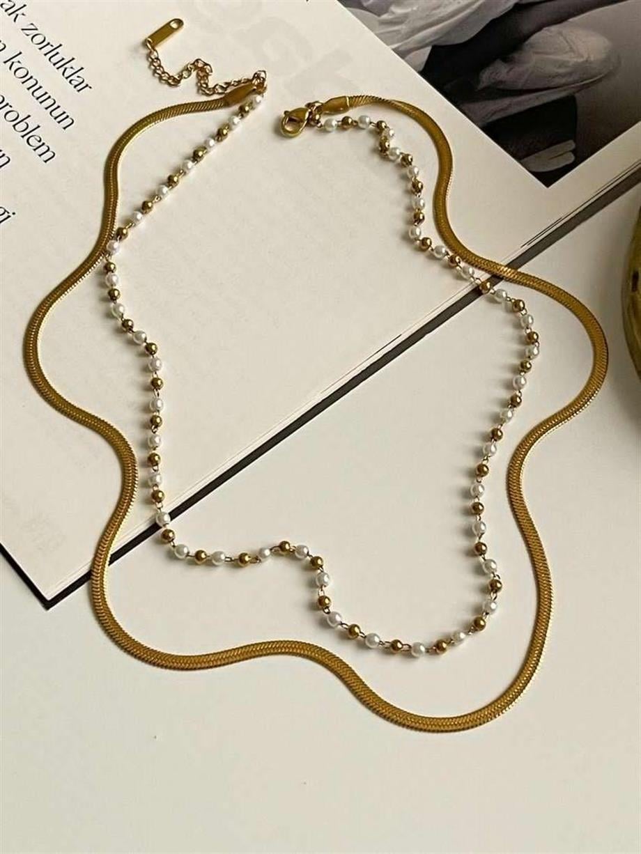 Çelik İtalyan Zincir Gold İncili İkili Birleşik Kombin Kolye (47 Cm)