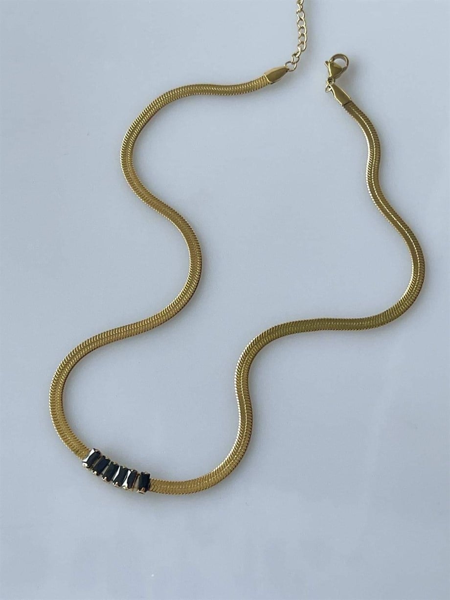 Çelik İtalyan Zincir Siyah Baget Uçlu Kolye (47 Cm)