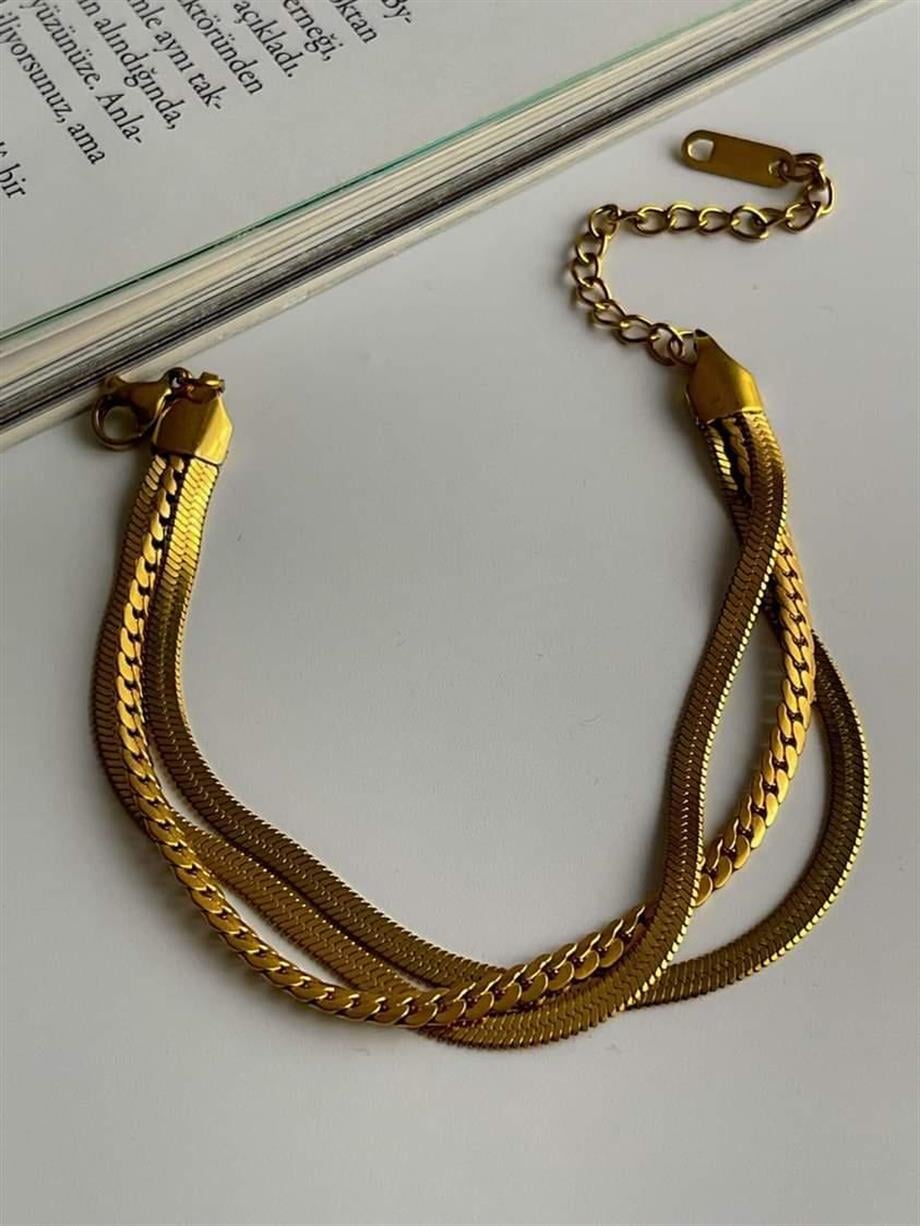 Çelik İtalyan Zincir Üçlü Birleşik Kombin Bileklik (22 Cm)
