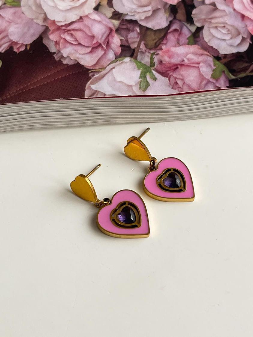 Çelik Pembe Kalp Küpe (2.5 Cm)