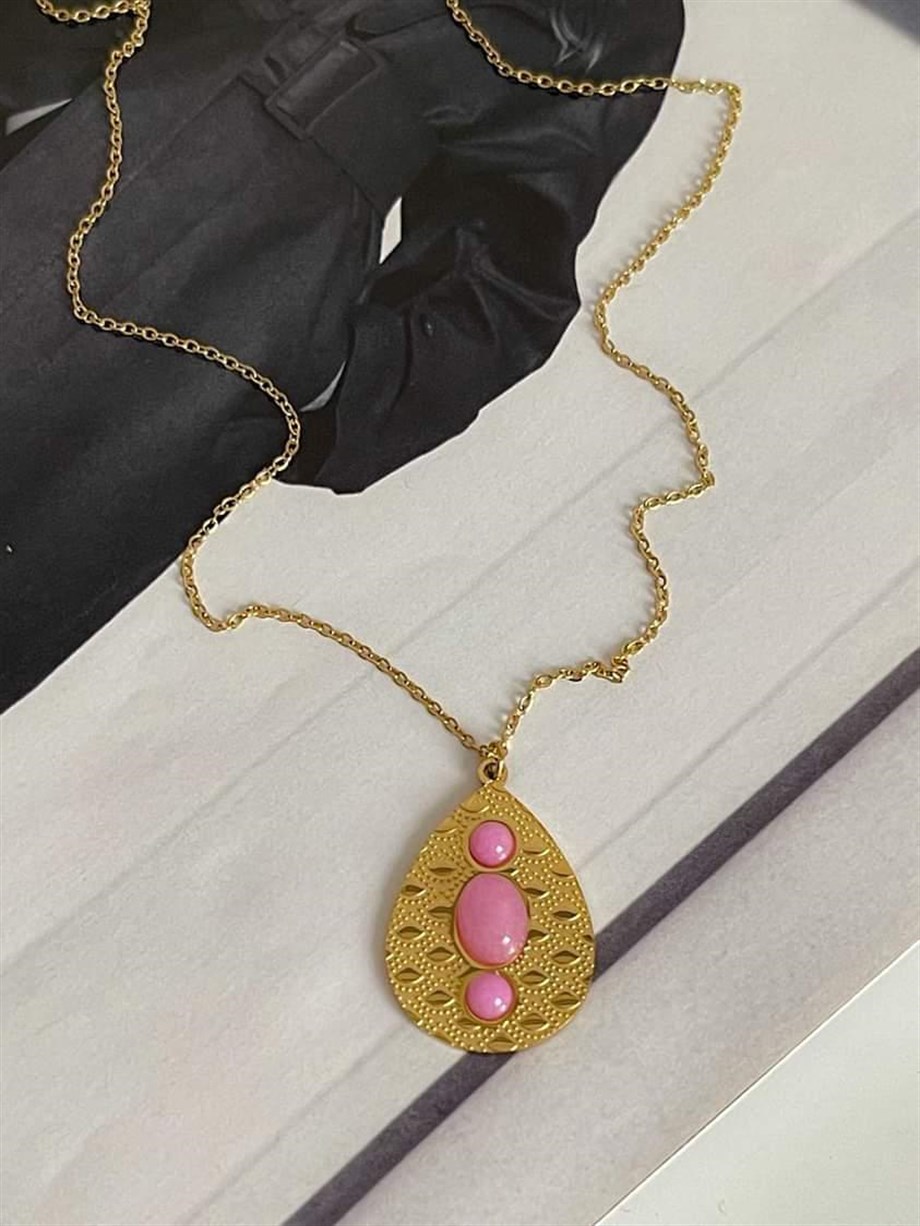 Çelik Pembe Taşlı Vintage Kolye (45 Cm)