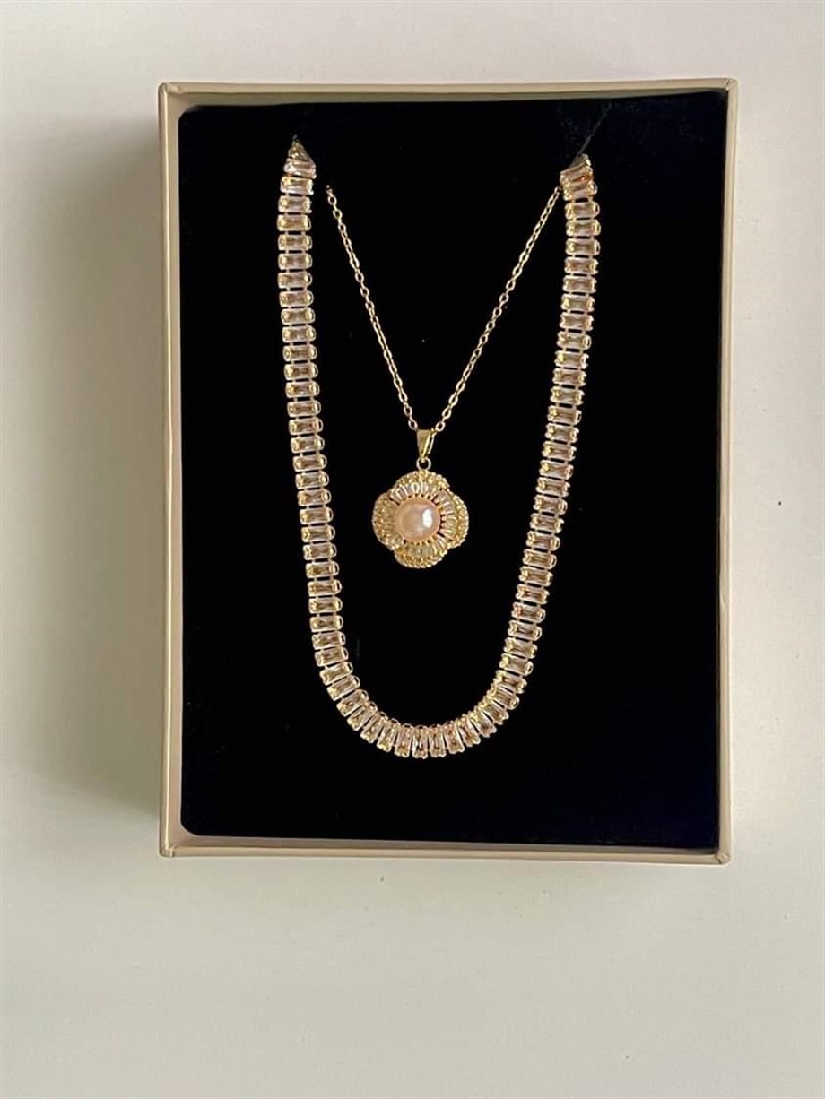 Çelik Pudra İncili Baget Taşlı Kolye (46 Cm)