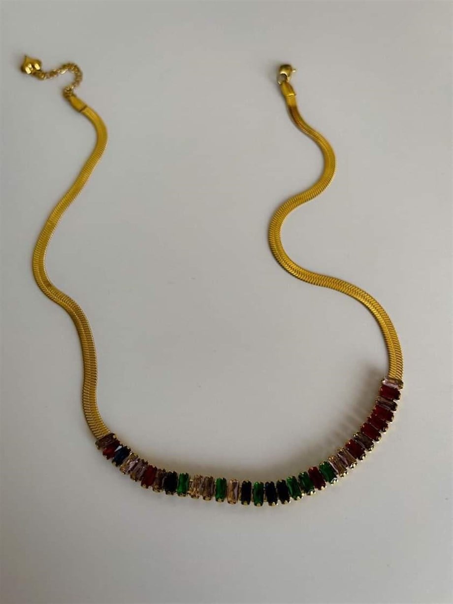 Çelik Renkli Baget Taşlı İtalyan Zincir Kolye (46 Cm)