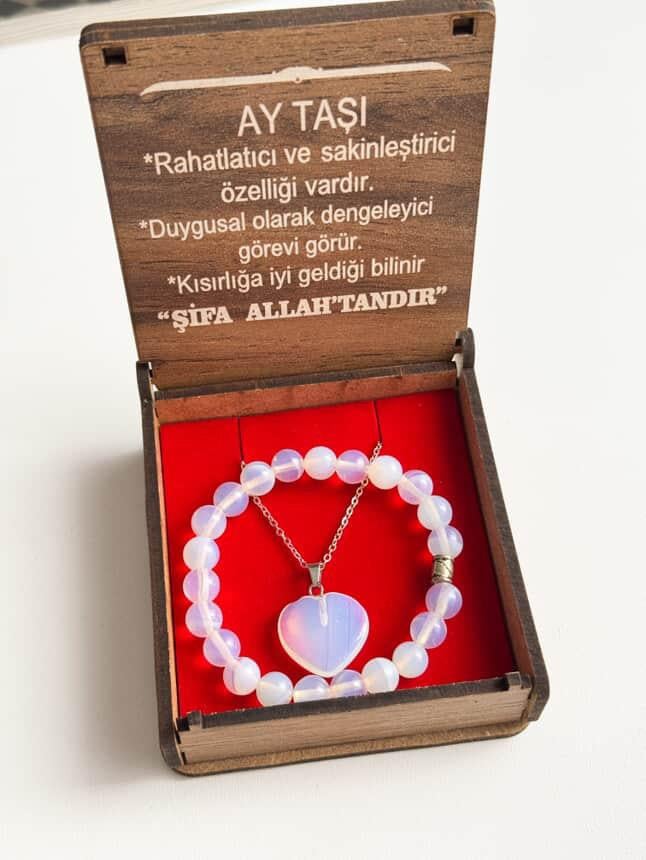 Doğal Ay Taşı Kolye Ve Bileklik Gümüş Renk Takım