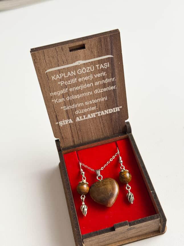 Doğal Kaplan Gözü Taşı Kolye Ve Küpe Gümüş Renk Takım