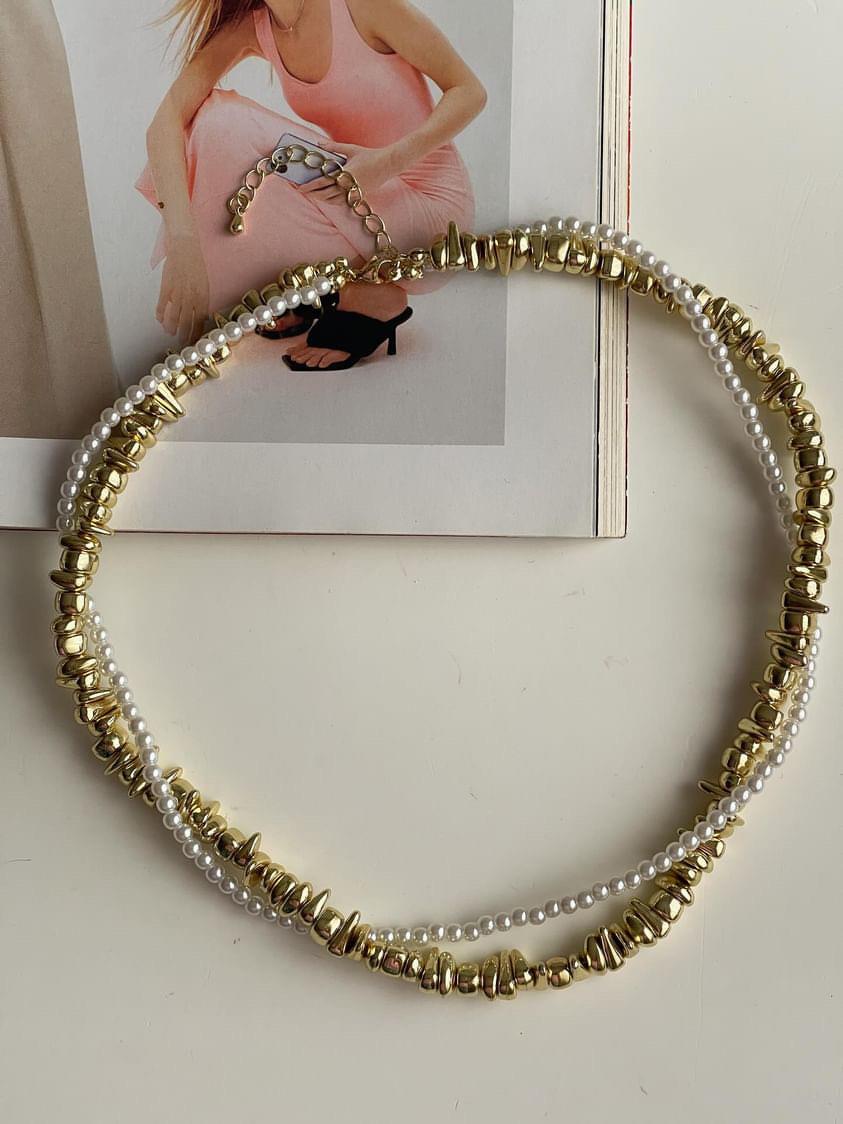 Gold İncili Birleşik Kombin Kolye (50 Cm)