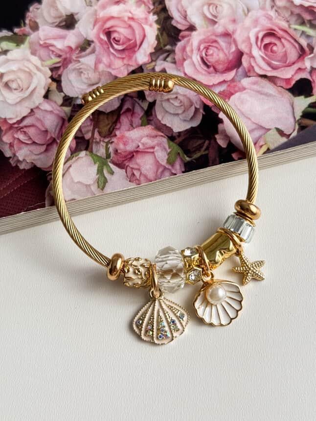 Gold Pandora Beyaz İncili Kelepçe Bileklik 