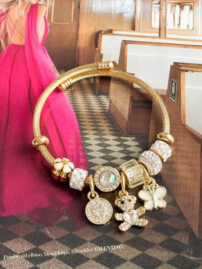 Gold Pandora Beyaz Teddy Kelepçe Bileklik
