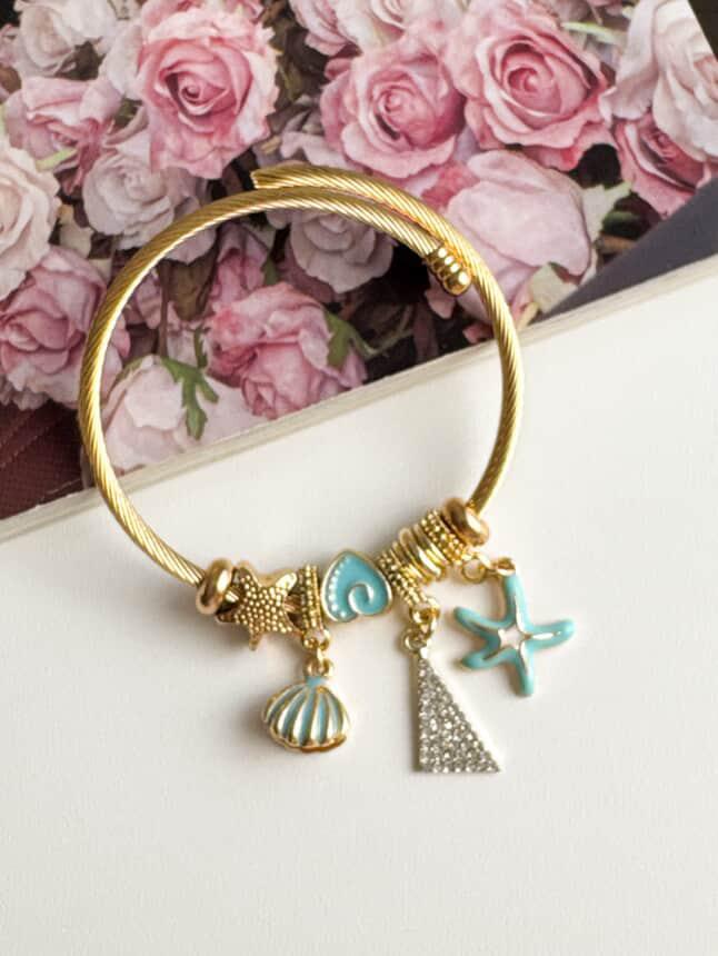 Gold Pandora Mavi Yıldızlı Kelepçe Bileklik 