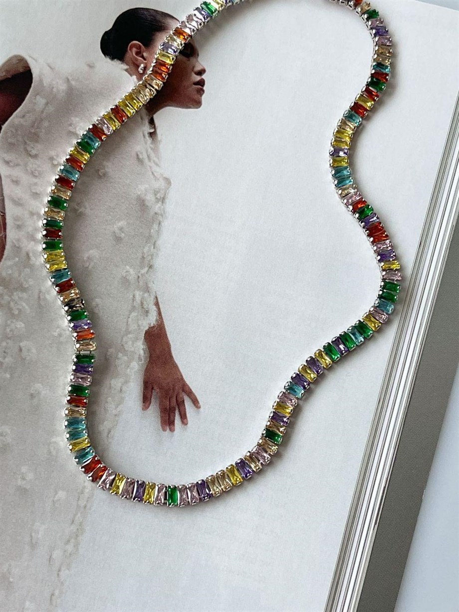 Gümüş Renk Baget Renkli Taşlı Lena Kolye (43 Cm)