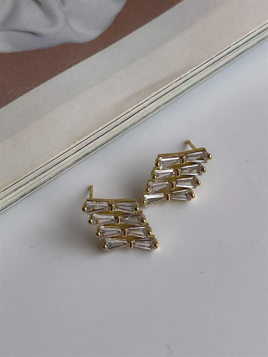 Özel Kaplama Gold Baget Taşlı Küpe (1.80 Cm)