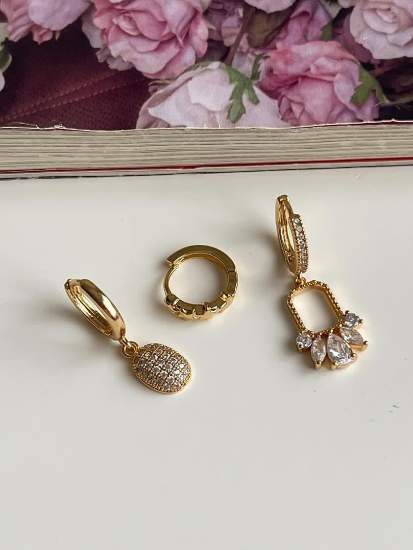 Özel Kaplama Gold Baget Taşlı Üçlü Küpe Seti (3.20 Cm)