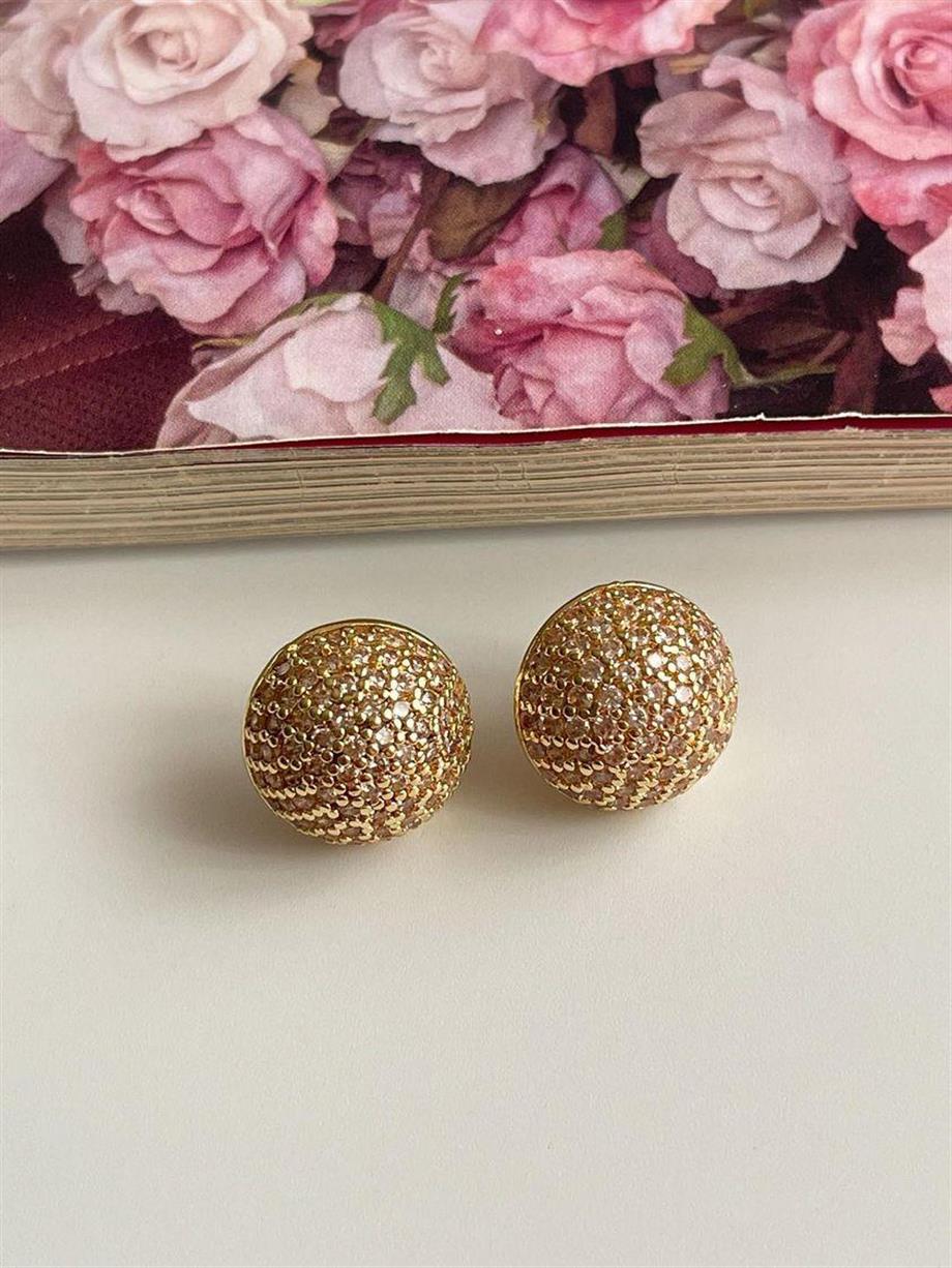 Özel Kaplama Gold Full Zirkon Taşlı Topçuklu Küpe (1 Cm)