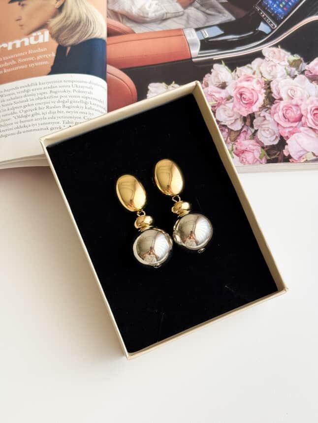 Özel Kaplama Gold Gümüş Kombinli Küpe (5.5 Cm)