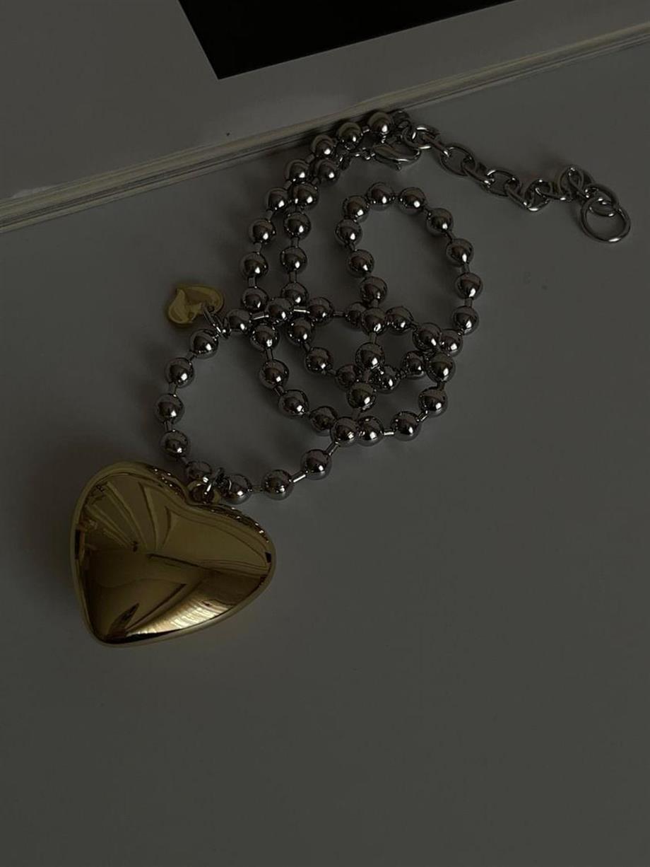 Özel Kaplama Gold Gümüş Renk Topçuklu Hafif Kalp Kolye (47 Cm)