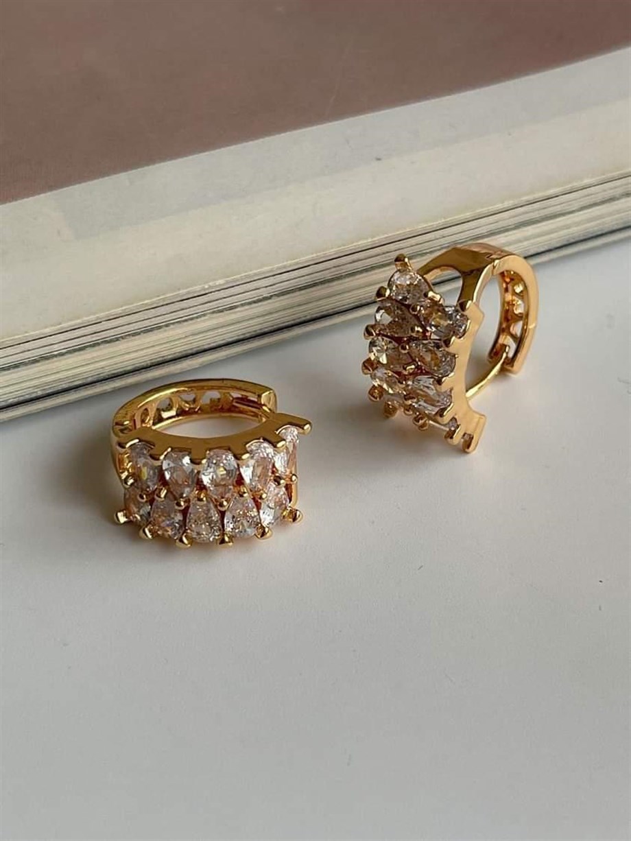 Özel Kaplama Gold Renk Baget Taşlı Halka Küpe (1.60 Cm)