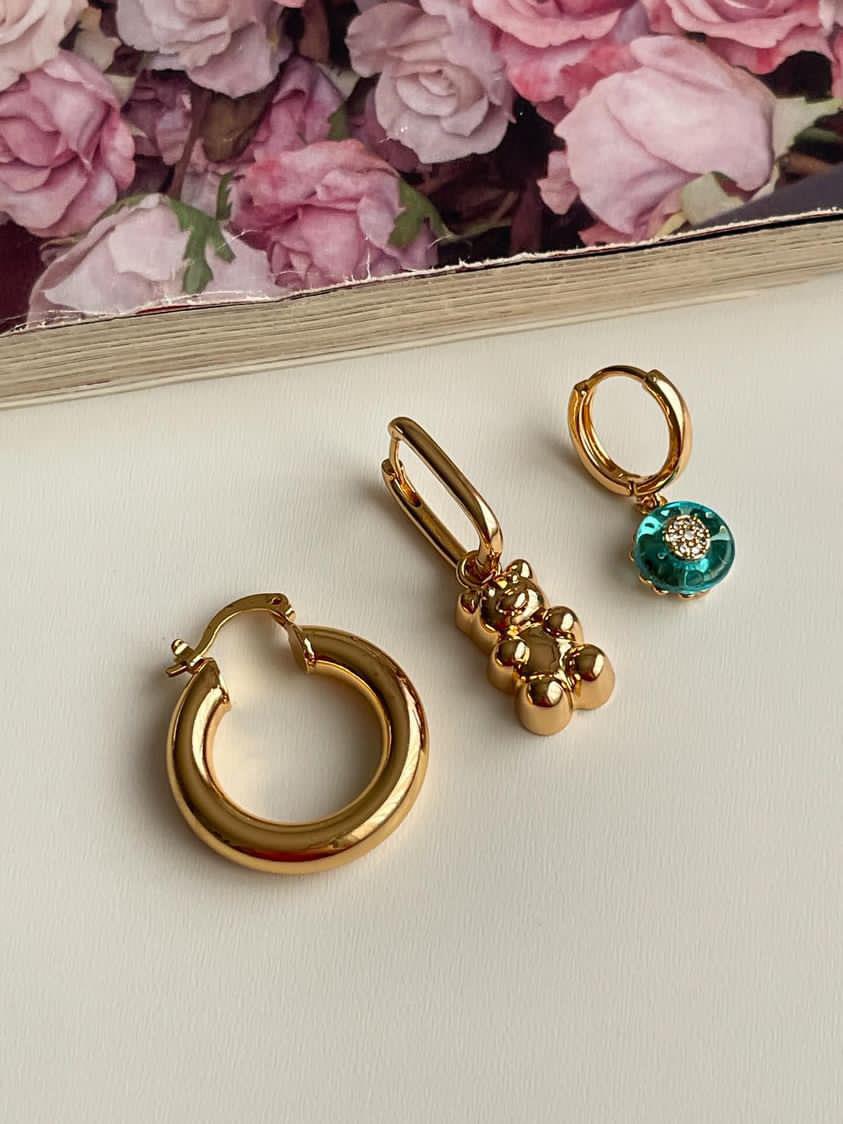 Özel Kaplama Gold Renk Mavi Tedyy Üçlü Küpe Seti (2.80 Cm)