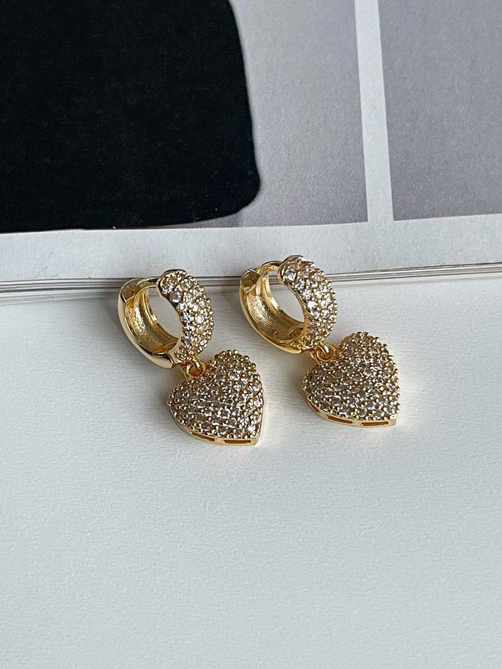 Özel Kaplama Gold Zirkon Taşlı Vip Kalp Küpe (2.5 Cm)
